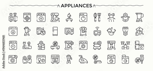 Appliances icon collection. Thin outline icons pack. Editable vector art and illustration. Appliance modern icon set. Contains such symbols as household, cooking, equipment, kitchen and more.