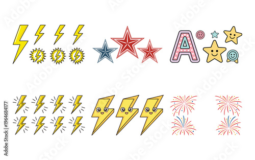 Colorful cartoon lightning bolts stars and fireworks