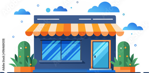 Charming storefront with vibrant awnings and desert plants outside