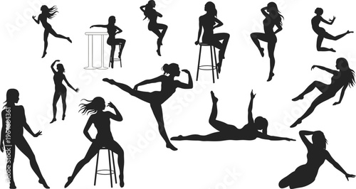 Collection of female dancer silhouettes, in dynamic poses, fitness dance illustration set isolated on background