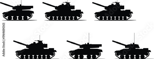 Collection of military tank silhouettes isolated, armored vehicles, army warfare equipment, defense illustration set vector