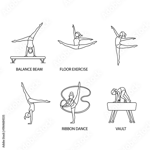 Gymnastics, sports icons, athletic illustrations, fitness symbols, vector graphics