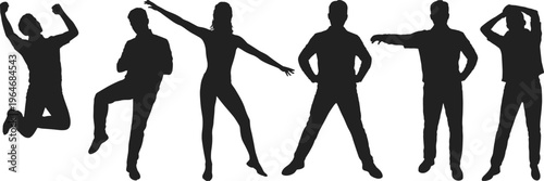 Group of people silhouettes dancing jumping posing, isolated human figures, active lifestyle, vector illustration set