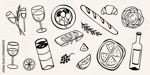 A charming collection of food and drink items in black outline silhouette