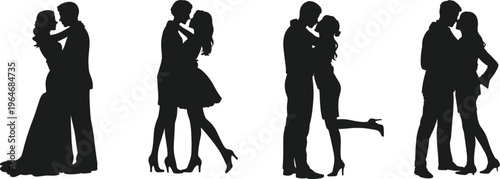 Romantic couples silhouettes embracing kissing love relationship passion intimacy date night elegant vector illustration set