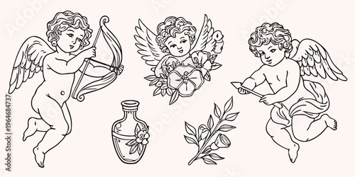Foto Vintage cherub illustrations with floral elements a delicate silhouette