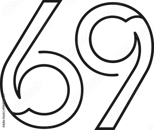 Large number sixty nine, 69, black line art, outline style, vector graphic