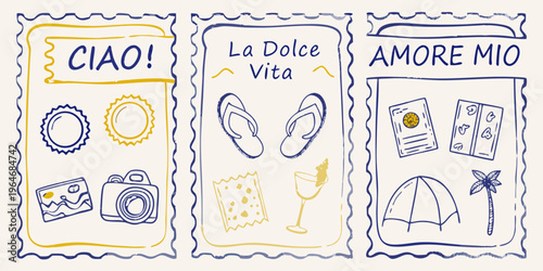 Italian travel themed postcards with sketched imagery a silhouette