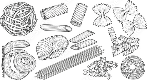 Different pasta shapes hand drawn vector illustration set for cooking