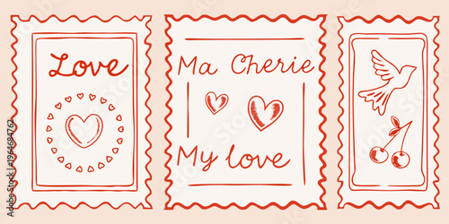 Three hand drawn stamp illustrations depicting love and affection silhouette