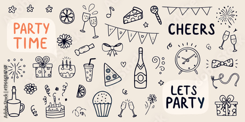 Festive party doodles with celebratory imagery and a dark silhouette