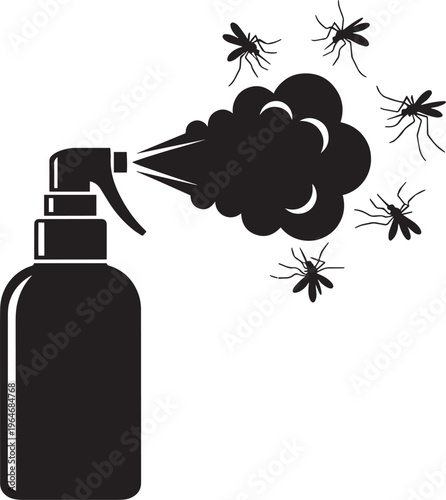 Insecticide spray container with smoke cloud and flying mosquitoes vector icon illustrating bug repellent application and effective pest control service.
