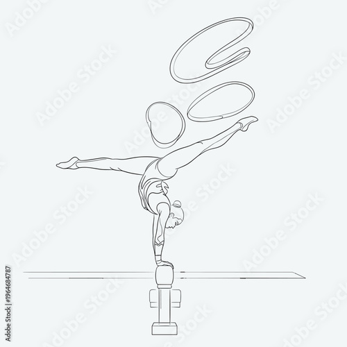 Continuous line drawing, gymnastics illustration, balance beam athlete, sports vector