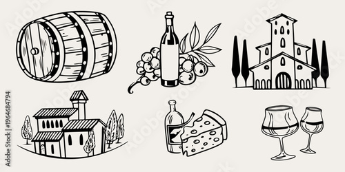Wine themed illustration featuring buildings barrels and grapes silhouette