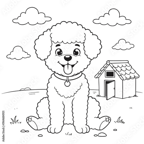 Cute Cartoon Poodle Dog Sitting by House Line Art Coloring Page