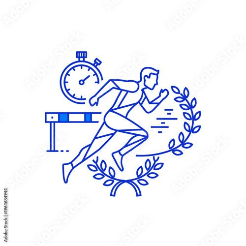Running athlete icon, sports vector, hurdle racing, laurel wreath symbol
