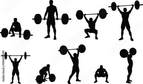 Weightlifting silhouettes showing strength training exercises with barbell workout poses isolated on white background