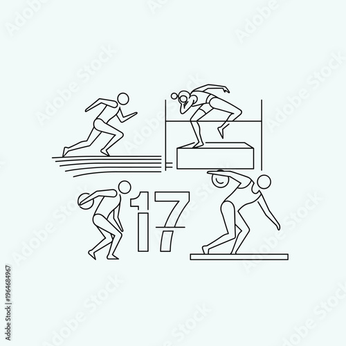 Athletics, sports icons, running, jumping, throwing, 17 elements, line art