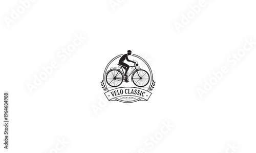 Vintage Velo Classic Bicycle Logo - Retro Cycling Emblem with Rider Silhouette and Banner for Bike Club and Heritage Branding