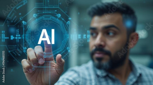 Man interacting with a glowing AI icon on an electronic circuit board, representing artificial intelligence, digital transformation, & advanced technology integration in a futuristic tech environment