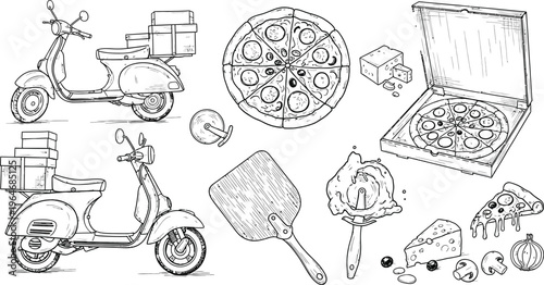Hand Drawn Pizza Delivery Icons Set Vector Illustration Collection