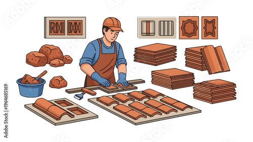 Artisan at Work: An artisan meticulously shapes clay tiles, demonstrating the skillful creation of construction materials, surrounded by finished products and tools.