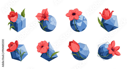 Red flowers in blue geometric shapes.