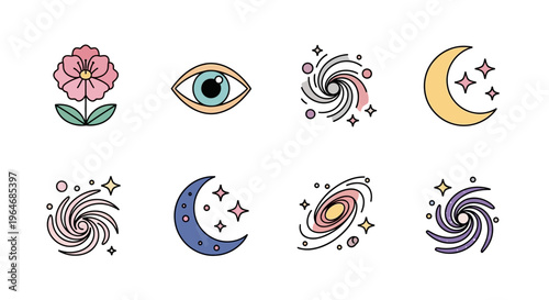 Colorful Astrology Spiritual Symbols Collection.