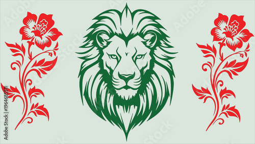 Green lion head flanked by symmetrical red floral motifs decorative regal artistic design on pale background