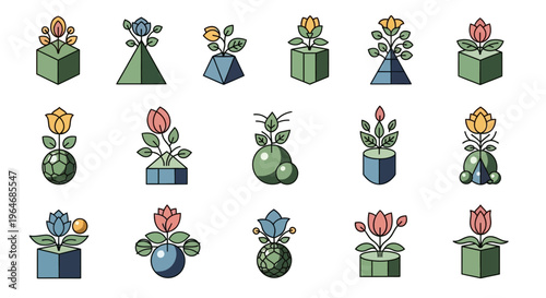 Colorful flowers in green pots.