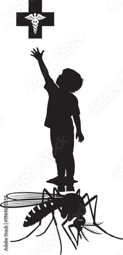 Child reaching for medical caduceus cross above mosquito, vector silhouette illustration for pediatric health and disease control.