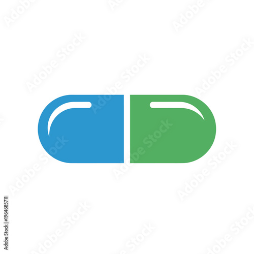 A simple illustration of a capsule pill with blue and green halves