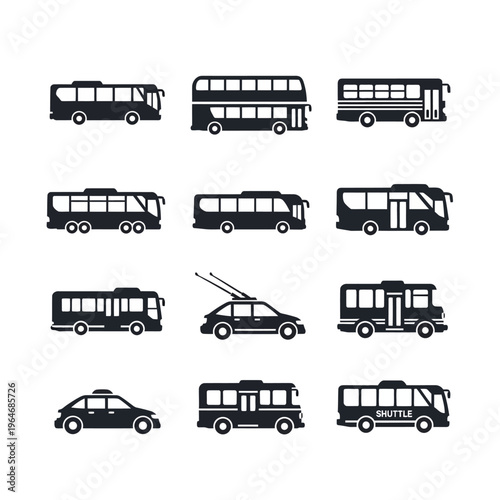 Black silhouettes of various public transportation vehicles displayed in a grid
