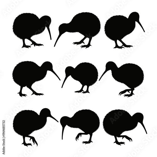 Nine kiwi bird silhouettes arranged in a grid pattern on white