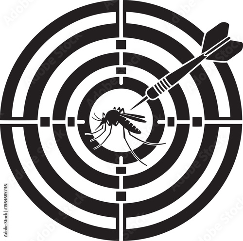 Mosquito target dart insect pest control eradication concept illustration with bullseye and dart hitting mosquito in center.