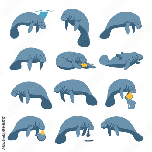 Collection of stylized blue manatees in various poses and interactions