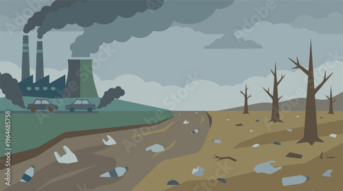 Environmental pollution from industrial factories, cars, and plastic waste