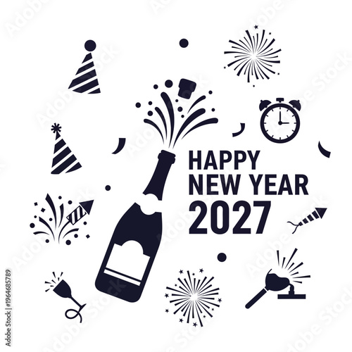 New year s eve celebration with champagne fireworks and party elements