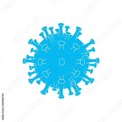 Stylized blue illustration of a coronavirus particle with prominent spikes