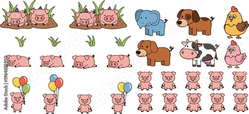 Farm animals and pig characters collection with cow, dog, chicken and cute piglets cartoon vector illustration set
