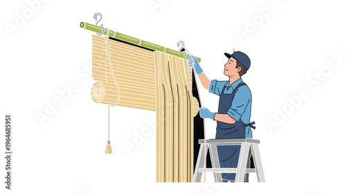 Window Treatment Artisan: A skilled artisan meticulously installs a natural bamboo blind, showcasing craftsmanship, precision and the integration of eco-friendly elements.