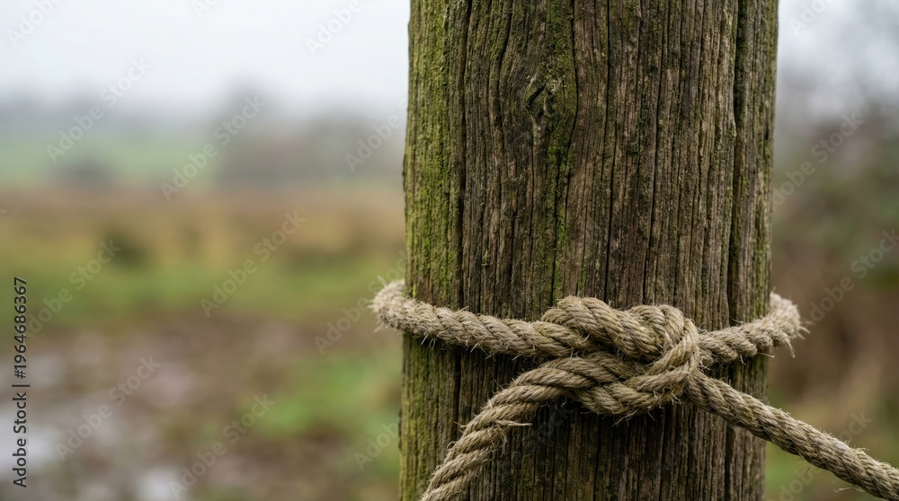 Fototapeta premium Wooden post wrapped with rope in rural field during overcast day