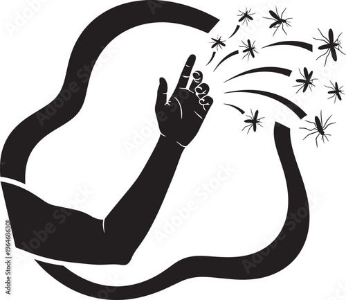 Hand swatting mosquitoes escaping from human arm abstract representation of pest control and personal protection measures.
