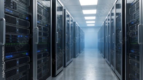 Bild auf Leinwand Modern Data Center Server Room with Blue LED Lights and High Speed Connectivity