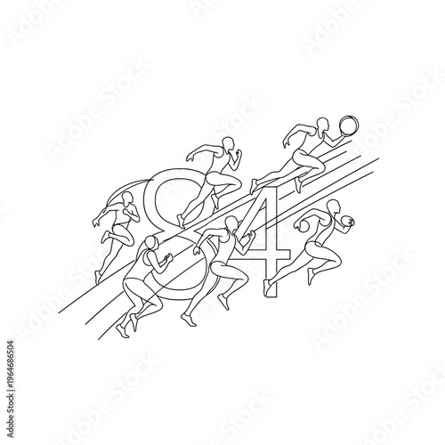 Minimalist line art athletes running on track, continuous line drawing of sprinters with number 84, sports vector