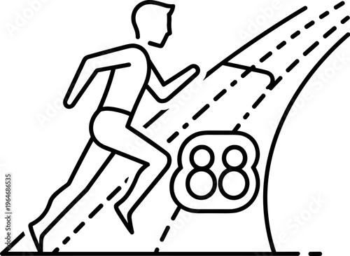 Running man icon on track with number 88, athlete sprinting on race lane vector, minimalist sports competition line art