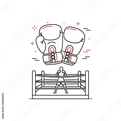 Boxing gloves line art vector, professional boxer in fighting ring, martial arts competition and fitness training concept