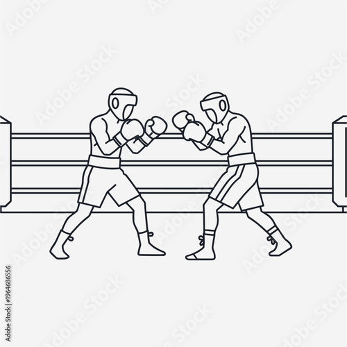 Boxing match line art illustration, two boxers fighting in ring vector, minimalist sports competition outline graphic