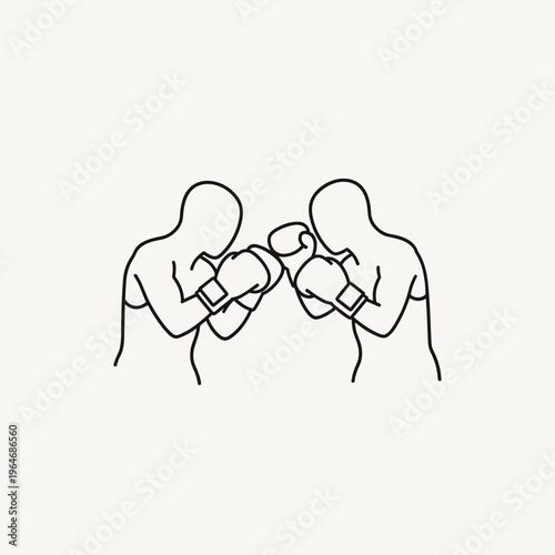 Minimalist boxing line art vector, two boxers sparring in ring, simple outline of professional athletes fighting