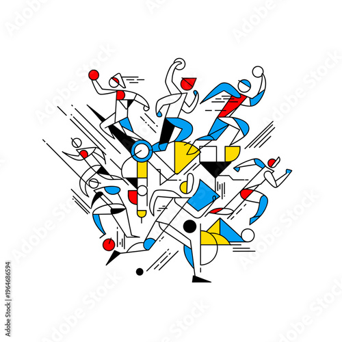 Geometric abstract sports vector, minimalist athletes in motion, Bauhaus style olympic competition illustration